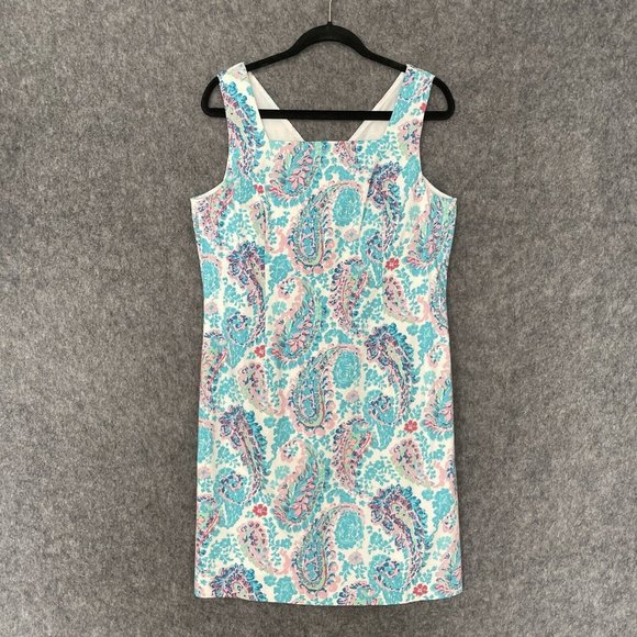 Talbots Teal & Pink Paisley Sheath Dress, Fresco Style, 14P - Picture 3 of 9